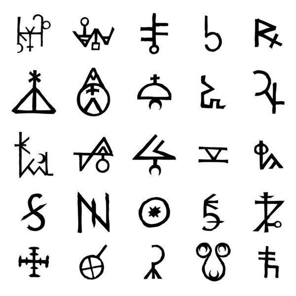 Mystic set with magic circles, pentagram and imaginary chakras symbols. Collection of icons with witchcraft and occult hand writing letters. Esoteric concept. Vector 