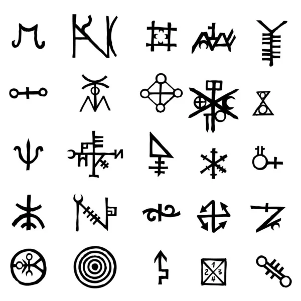 Set Van Alchemische Symbolen Geïsoleerd Witte Achtergrond Handgetekende Geschreven Elementen — Stockvector