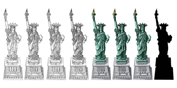 Statue Liberty Set Different Styles Illustration Various Drawings Hand Drawn — Stock Vector