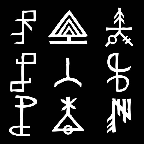 Set of alchemical symbols on the theme of old manuscript with occult lyrics alphabet and symbols. Esoteric written signs inspired by medieval writings. Vector 