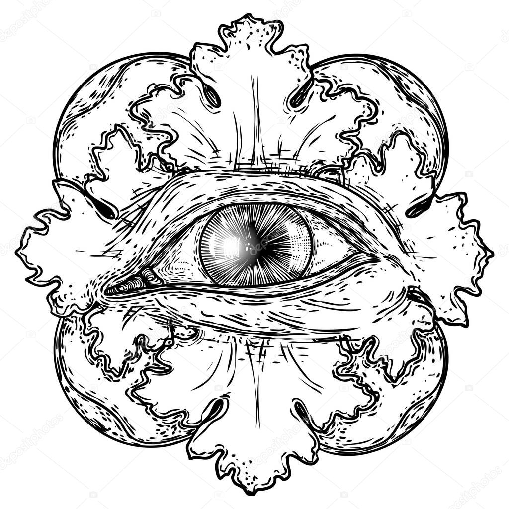 Hand drawn eye iris as element of All seeing eye of providence variation in decorative circle.  Black work tattoo flash of Masonic symbol design. Sacred religion, spirituality and occultism. Vector.