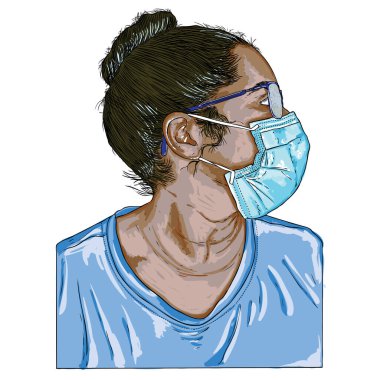 Koruyucu tıbbi yüz maskeli bir kadın, Yeni Normal sosyal konsept, koronavirüs COVID-19 virüsüne karşı önlem ve koruma giyen genç bir kadın ve şehir hava kirliliği. Vektör.