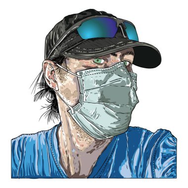Roman Coronavirus COVID-19 yeni normal sosyal konsept, koruyucu ve tıbbi maske takan şehir gezgini. Enfeksiyonlara karşı önlem ve karantina, grip, hava kirliliği. Vektör. 