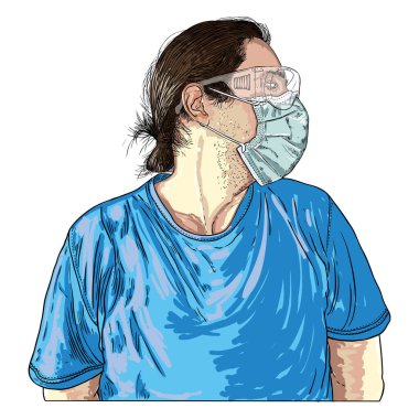 Koronavirüs COVID 19 hastalığını önlemek için koruyucu ve tıbbi maske takan adam. Yeni Normal konsept çizimi. Enfeksiyon önleme için yüz maskesi takan kişi portresi. Vektör. 