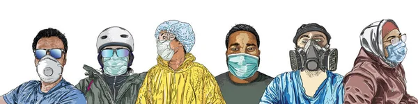 Σύνθεση Των Ατόμων Προστατευτικές Ιατρικές Μάσκες Προσώπου New Normal Social — Διανυσματικό Αρχείο