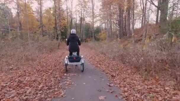 Kvinna i byn rider elcykel i parken på höstdagen. Skjuten bakifrån. Naturligt ljus. Utsikten över batteriet bakifrån. Sommar fritid livsstil. — Stockvideo