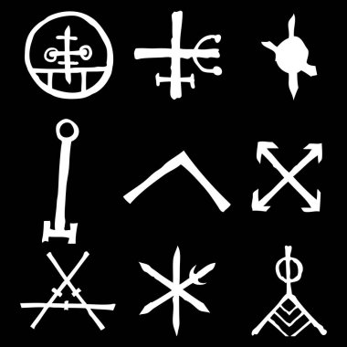 Eski İskandinav rünlerinden oluşan hayali bir set. Runik alfabe sembolleri, futhark. Eski okült sembollerden, Viking harflerinden ve rünlerden esinlenilmiştir. Vektör. 