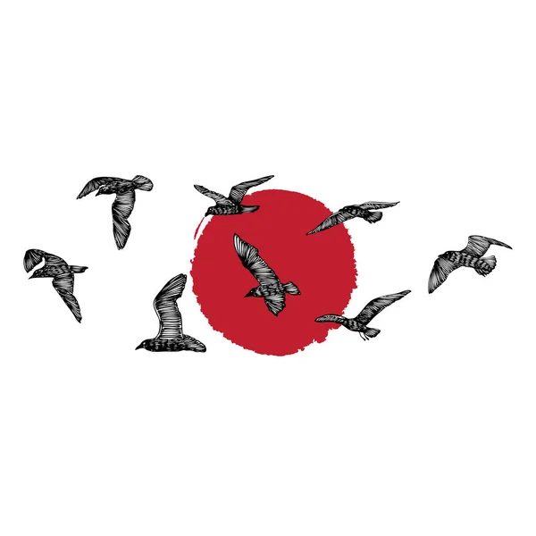 Conjunto Desenho Náutico Emblema Oceano Com Gaivotas Rebanho Pássaros Pôr — Vetor de Stock