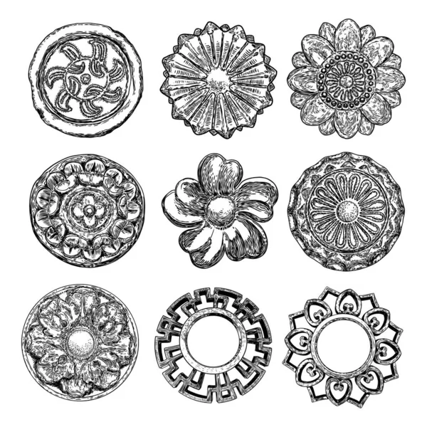 Conjunto Elementos Diseño Piedra Fundida Circular Floral Estilo Vintage Rosetas — Archivo Imágenes Vectoriales