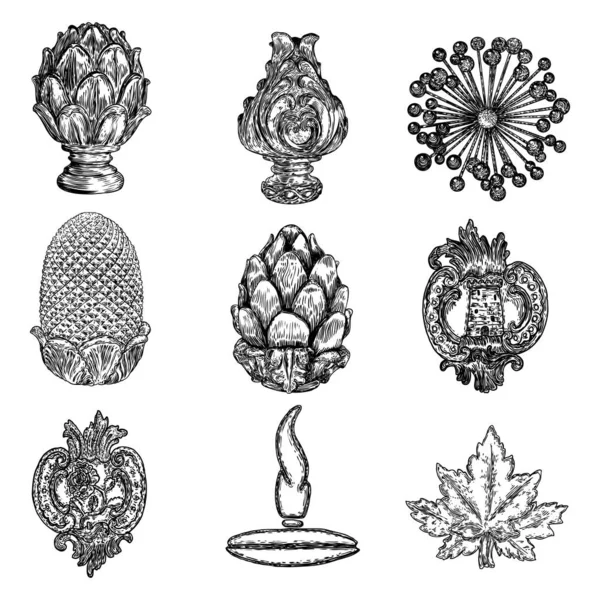 真鍮や石のパイナップルの最終的な手描きやその他の装飾要素のセット 詳細なアーキテクチャ設計要素 ベクトル — ストックベクタ