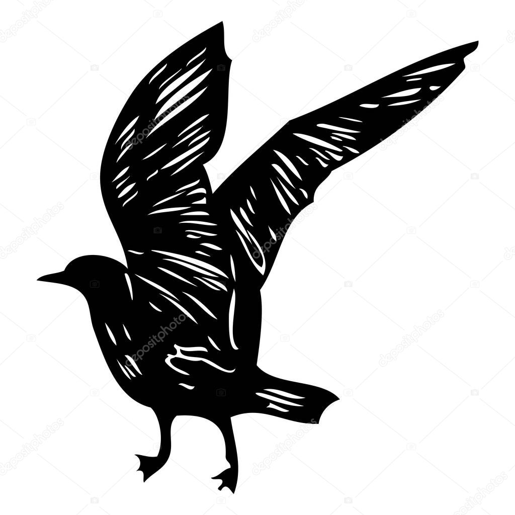 Black seagull, hand drawn strokes marine sea gull bird. Drawing sketch. Inspirational body or flesh ink tattoo for sailor. Nautical vector.