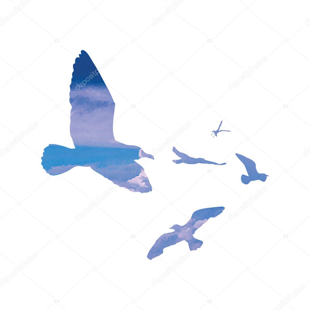 Watercolour silhouette of flying birds seagulls on white background. Inspirational for body or flesh ink tattoo of sea birds. Vector.