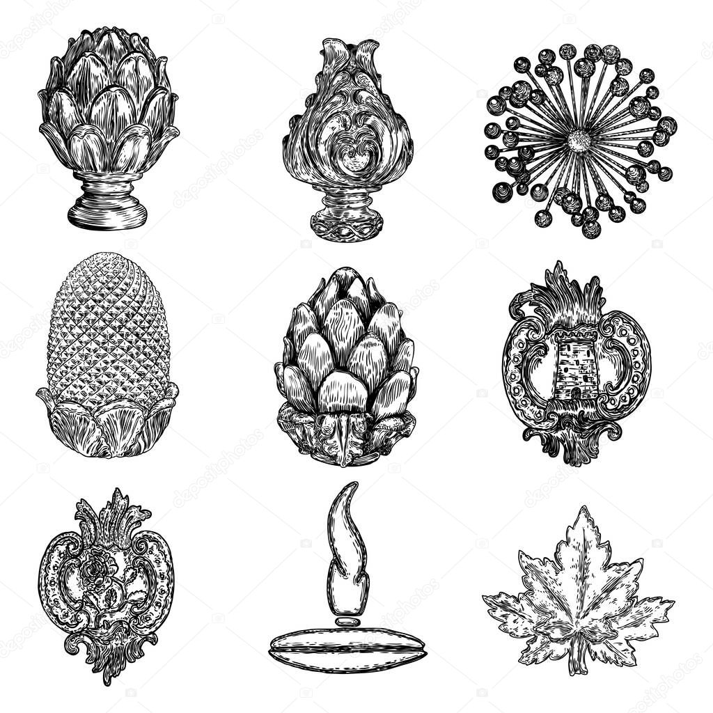 Set of brass or stone pineapple finial hand drawing and other decorative elements. Detailed architecture design element. Vector.