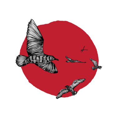 Gün batımında ya da gün doğumunda uçan martılar, deniz kuşlarının el yapımı çizimleri. Yelkenli ya da denizci yaşam tarzı kavramı. Günbatımı arka planı. Vektör.