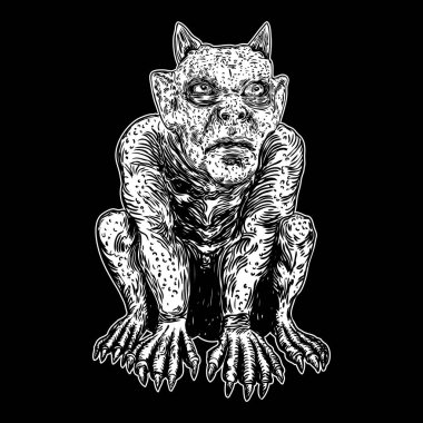 İblis, insan gibi sivri dişli boynuzları ve pençeleri olan canavar bir kimera. Mistik ve okült el oymalı şeytan vektörü.