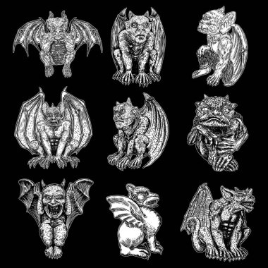 Saldırmak için agresif pozisyonda oturan bir grup canavar. İnsan ve ejderha yarasa şeytan Chimera gibi boynuzları ve pençeleri olan fantastik yaratık. Orta Çağ 'da gotik muhafızlar tarafından çizilmiş. Vektör 