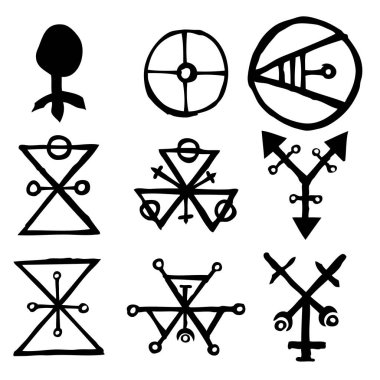 Eski İskandinav rünlerinden oluşan hayali bir set. Runik alfabe sembolleri, futhark. Eski okült sembollerden, Viking harflerinden ve rünlerden esinlenilmiştir. Vektör.