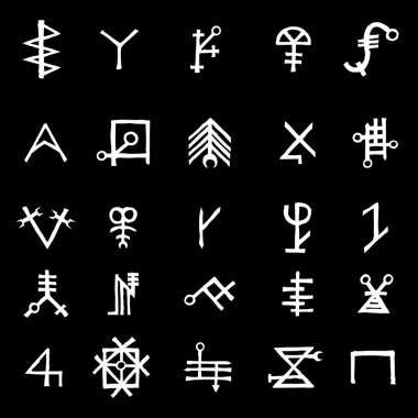 Wiccan sembolleri, Deccal pentagramından ve büyücülükten esinlenilmiş hayali haç sembolleri. Vektör.