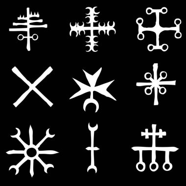 Mistik ve okült sembollerle dolu. El çizimi ve alfabe işaretleri. Ruhani masonik dövme fikirleri. Vektör.