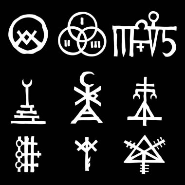 Mistik ve okült sembollerle dolu. El çizimi ve alfabe işaretleri. Ruhani masonik dövme fikirleri. Vektör.