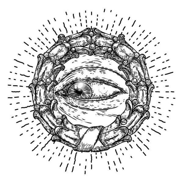 Мистический Видя Глаз Рисования Чернил Ручной Стиль Теория Заговора Иллюминатов — стоковый вектор