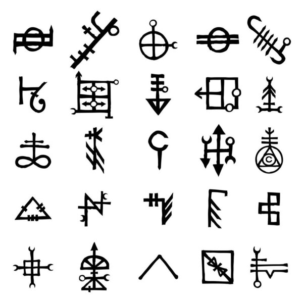 Set of alchemical symbols isolated on white background. Hand drawn and written elements for signs design. Inspiration by mystical, esoteric, occult theme. Vector.
