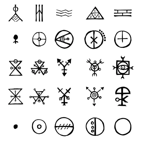 一组在白色背景上隔离的炼金术符号 手绘和书写符号设计要素 灵感来自神秘的 神秘的 神秘的主题 — 图库矢量图片