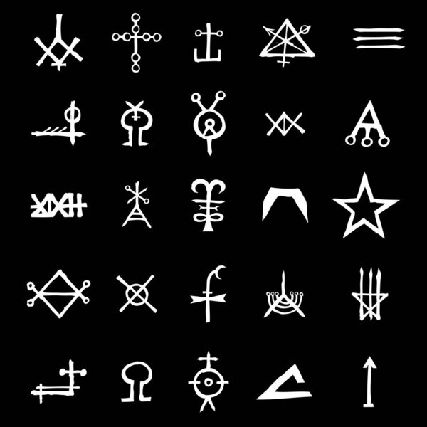 Set with mystic and occult symbols. Hand drawn and written alphabet signs. Spiritual masonic tattoo ideas. Vector.