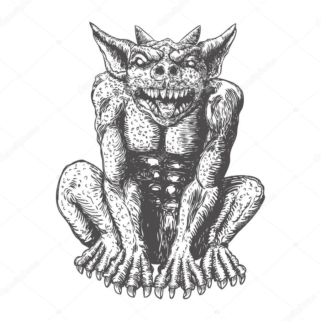 Demon vampire, human like monster creature chimera with fangs horns, and claws. Seating in aggressive position. Mystic and occult hand drawn engraved devil vector.