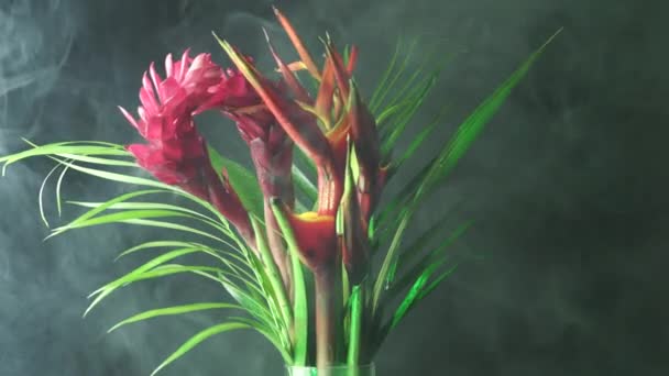 Strauß tropischer exotischer Blumen im Regennebel des Waldes. Nahaufnahme von Heliconia rostrata Blumenarrangements aus dem Regenwaldgarten. Blätterhintergrund mit Paradiesvogel und Hummerkrallenfarn. — Stockvideo