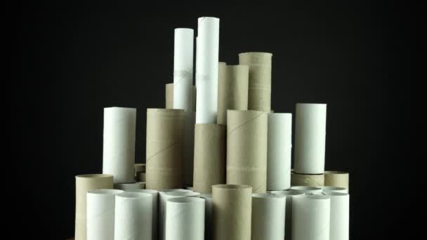 Empty toilet paper rolls. Apocalypse or apocalyptic scene of the modern man. New gold. Stockpiling toilet paper as quarantine measures. Hygiene items shortages during Covid-19 coronavirus pandemic. — Stock Video