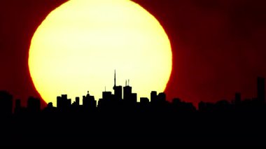 Mimari binalar ve şehir panoraması yaz sıcağında gün batımının canlı arkaplanı. Alacakaranlıkta şehir merkezinde Amerikan şehir manzarası. Güneş, sanatsal kolaj seti. Özel efekt bulanıklığı.