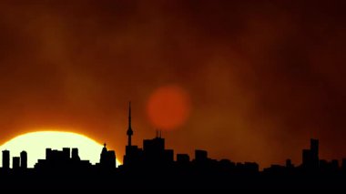 Kuzey Amerika silueti silueti gün batımı zamanı. Amerikan şehir merkezindeki sanat kolajının üzerine güneş battı. Sis 'in özel efektleri. Şehir kuleleri ve şehir manzarası güneş batarken renkli sıcak bulutlarla doluyor..