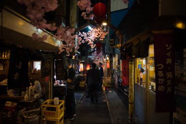 Tokyo, Japonya - 3 Nisan 2018: Ünlü yer Omoide Yokocho, Bahar sezonu, Shinjuku tokyo sakura kiraz çiçeği çok güzel bir manzara ile dekore edilmiş Japon yerel steet gıda