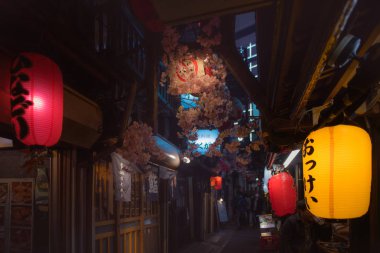 Tokyo, Japonya - 3 Nisan 2018: Ünlü yer Omoide Yokocho, Bahar sezonu, Shinjuku tokyo sakura kiraz çiçeği çok güzel bir manzara ile dekore edilmiş Japon yerel steet gıda