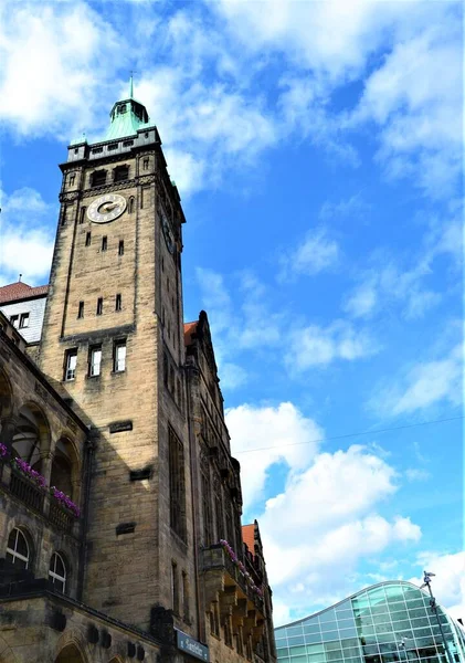 Centrum Města Chemnitz Během Slunečného Dne Budova Radnice Chemnitz Věž — Stock fotografie