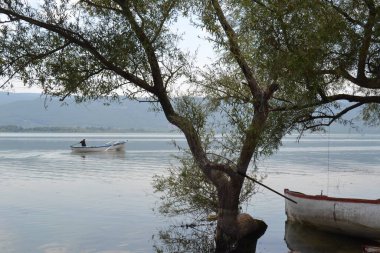 Bursa, Türkiye 'de mavi gökyüzü ve mavi göl. Golyazi Gölü, Bursa Hindi. Balıkçı tekneyle balığa gider. Gölün yakınındaki ağaçta küçük bir tekne asılı.