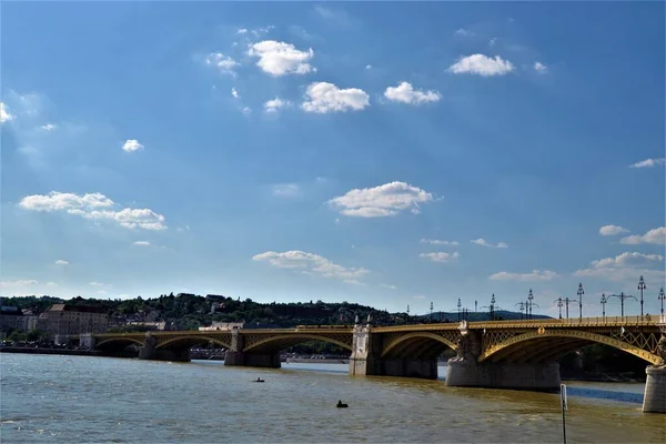 Views of Danube River in Budapest. Bridge covers one of the famous River: Danube and separates city as Buda and Pest