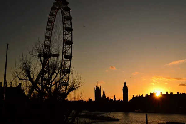 Silhouette London Eye Westminster Abbey Tower Bridge Thames River Reino — Foto de Stock