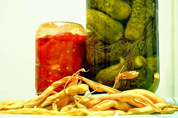 Homemade Pickle Mason Jar Made Cucumber Dried Beans Walnuts Stay — Stock Photo, Image