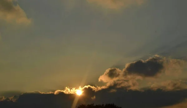 Cielo Colorido Durante Puesta Del Sol Silueta Minarete Grandes Árboles —  Fotos de Stock