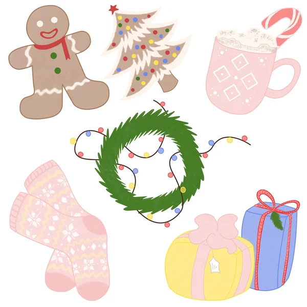 Karácsonyi aranyos téli tárgyak készlet: keksz, csésze arshmallow, zokni, ajándékok, karácsonyi koszorú — Stock Fotó