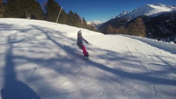 Female Snowboarder Slow Motion Back Country Riding Austrian Alps Ischgl — Stock Video