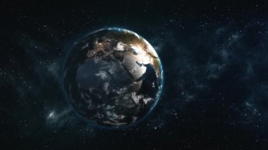 Gerçekçi 4 k dünya uzayda döndürme. Küre çerçeve içinde ortalanır. Hava kararmadan şehirler yanar görürsünüz. Nasa tarafından döşenmiş bu görüntü unsurları.