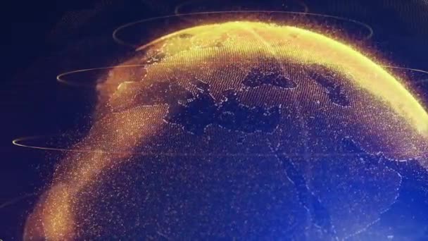 Digital Orange brillant globe de la Terre. Rotation de la planète brillante avec des particules brillantes. Animation 3D de l'espace avec explosion numérique de la Terre, fond de carte du monde abstrait pour intro nouvelles. plein hd et 4K 