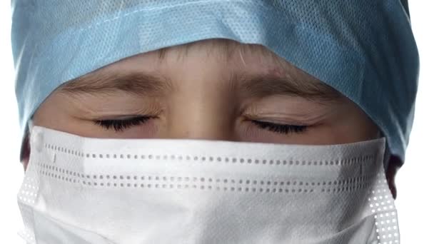 Close Shot Boy Eye Doctor Mask Surprised Eyes Child White — Stock Video