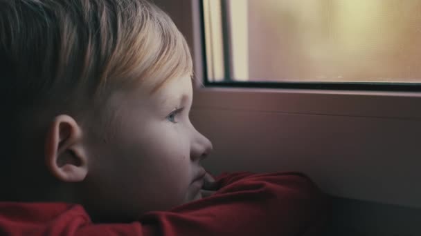 孩子悲伤和孤独透过窗户看 孩子很郁闷 — 图库视频影像