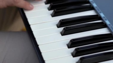 Synthesizer sonbahar park açık, yakışıklı adam synthesizer oynarken oynarken. Romantik, meditasyon, elektronik müzik