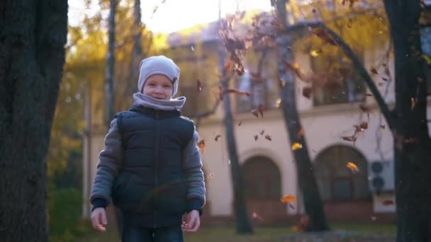 Bambino Lancia Foglie Gialle Nel Parco Autunnale — Video Stock