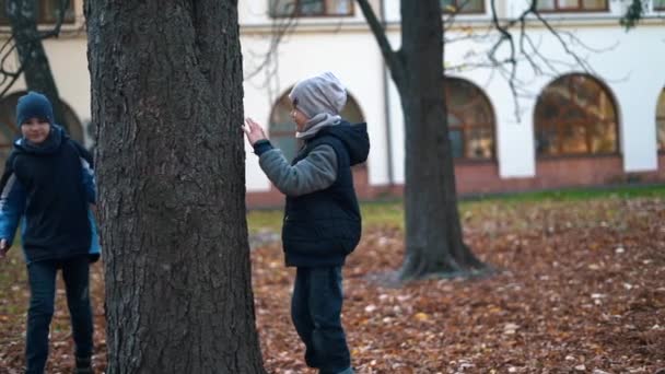 Jungen Spielen Versteck Herbstpark Zeitlupe — Stockvideo